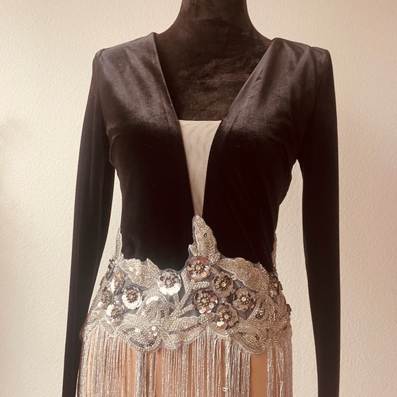 Black and silver Long Sleeve Dress with Fringe - Picture 3 of 8